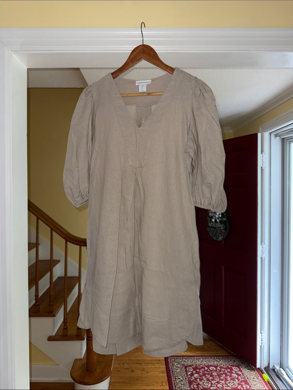 Cynthia Rowley Taupe Midi Dress with V-Neck and Puff Sleeves